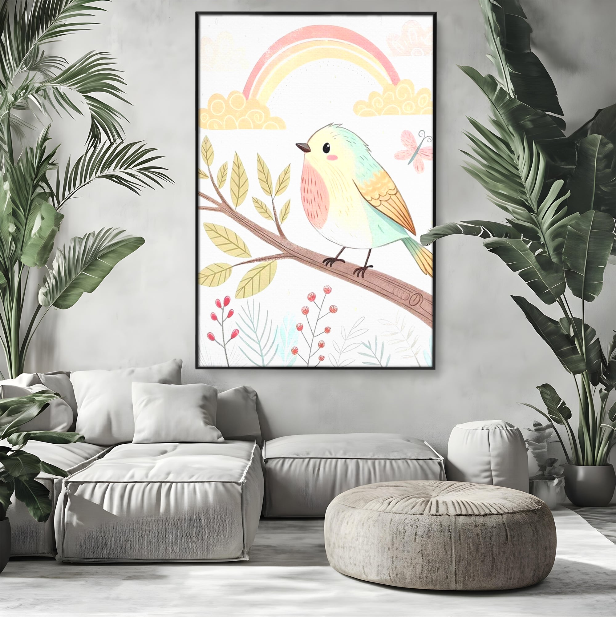 Tablou canvas cu tablou canvas cu pasare pe ramura, in rama de aluminiu negru, pe perete intr-un living